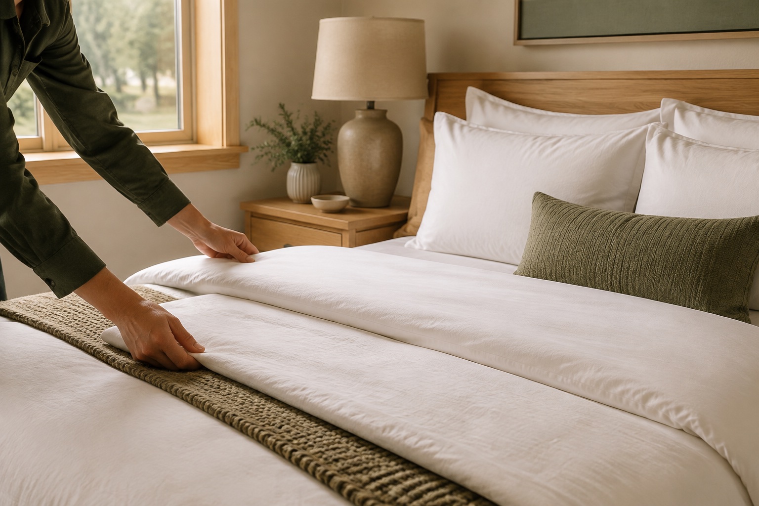 A professional cleaner preparing crisp white bedding in a warm, refined guest bedroom
