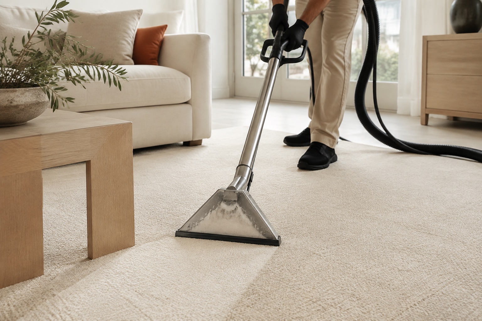 Professional carpet care in a refined, sunlit living room