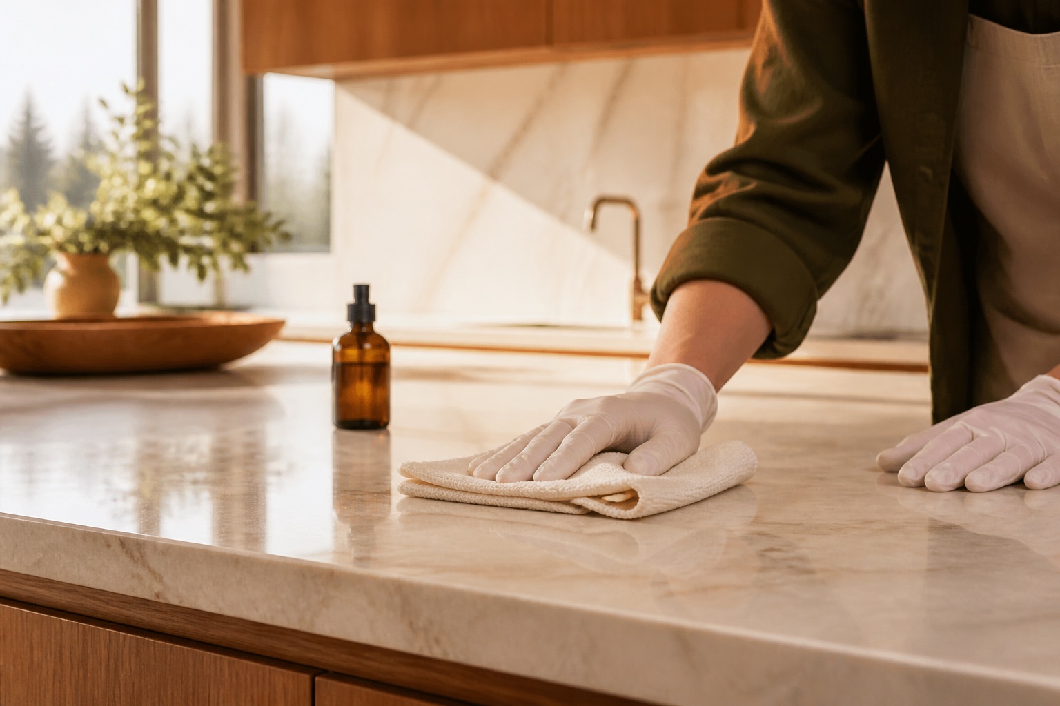 A professional cleaner carefully wiping a marble kitchen island in warm morning light