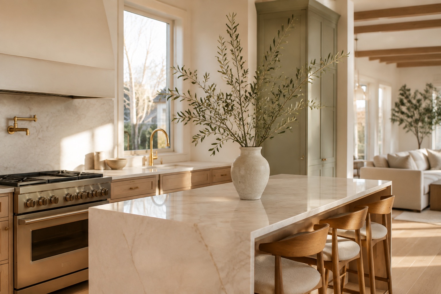 Sunlight falling across a spotless marble kitchen island, warm oak cabinetry and olive branches
