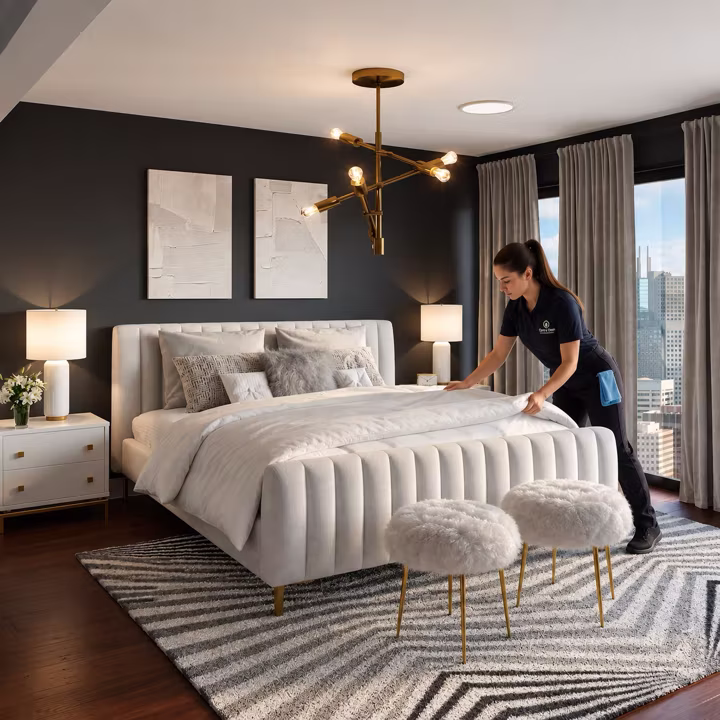 A professional cleaner preparing fresh bedding in an elegant guest bedroom