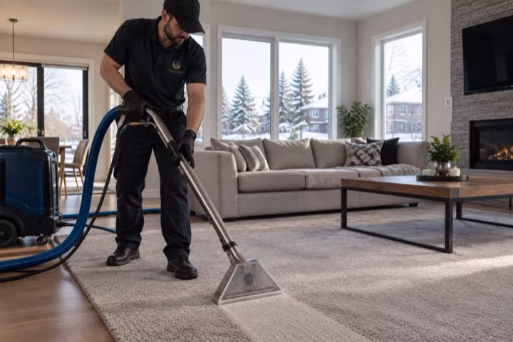 A professional carpet-care technician deep-cleaning a cream rug in a bright Calgary home
