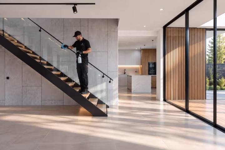 A professional cleaner detailing a glass staircase in a bright, empty modern home