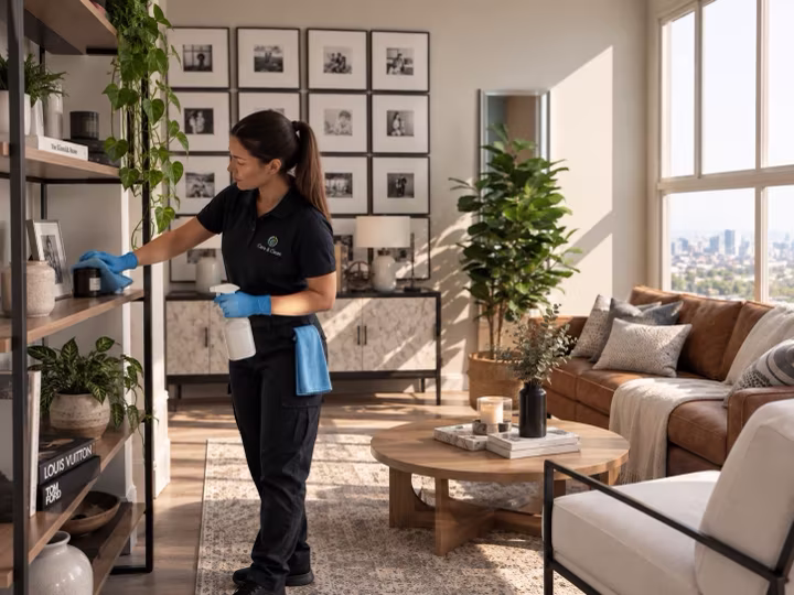 A professional cleaner carefully dusting shelves in a warm, sunlit living room